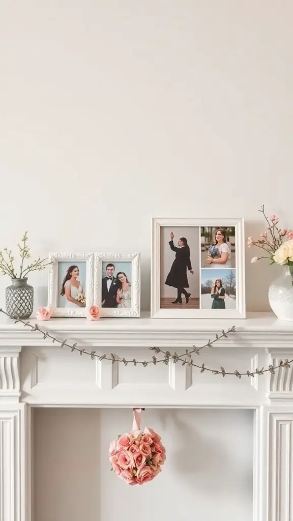 27+ Creative DIY Valentine’s Day Decor Ideas You’ll Love 6 A collection of personalized photo frames displayed on a white mantle with decorative flowers.