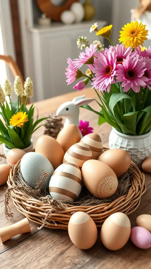 A collection of rustic wooden Easter eggs in a basket with flowers