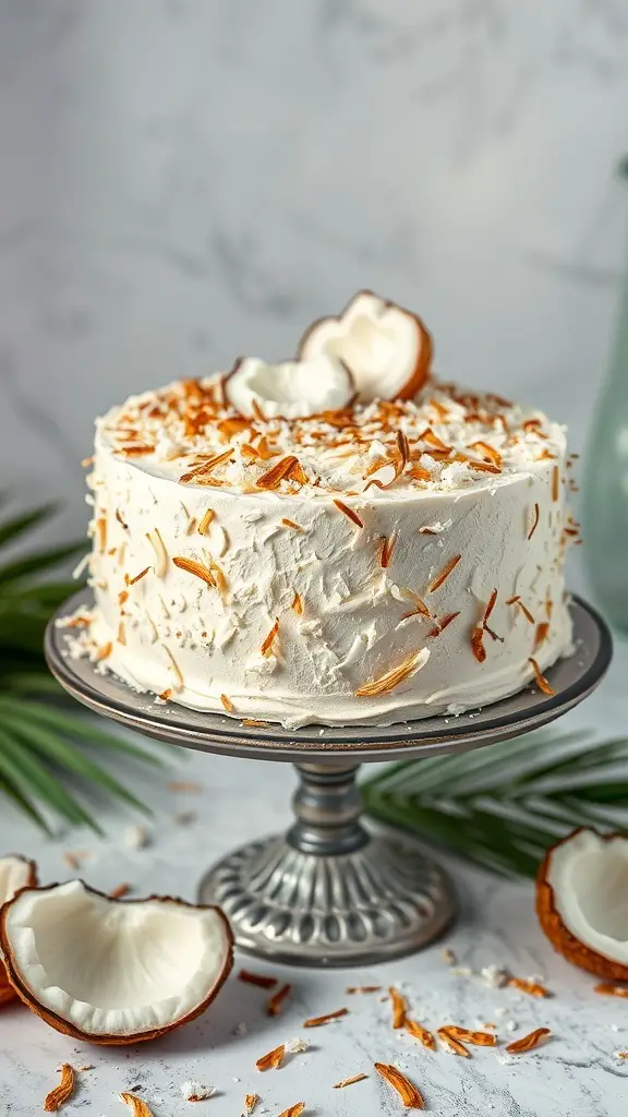 A beautifully decorated Coconut Cream Cake on a silver cake stand, topped with toasted coconut flakes and surrounded by coconut shells.
