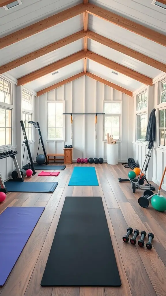 A bright fitness studio with workout mats, weights, and exercise equipment.