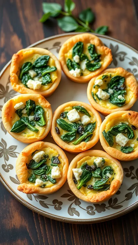 A plate of mini quiches filled with spinach and feta cheese.