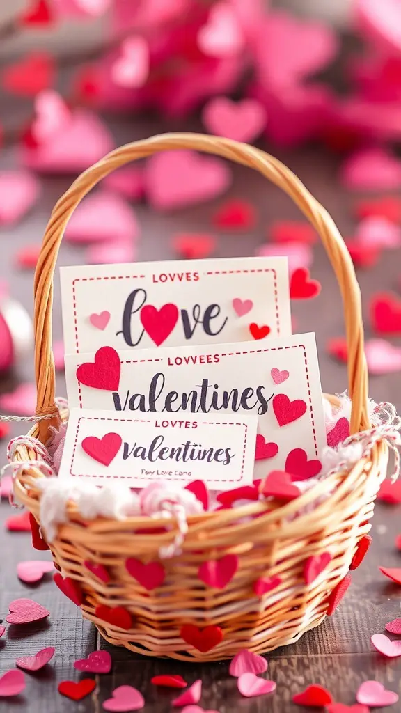 A basket filled with love coupons and heart-shaped decorations for Valentine's Day.
