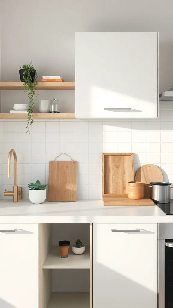 23+ Inspiring Kitchen Counter Styling Ideas to Elevate Your Space 10 A minimalist kitchen counter with white cabinetry, wooden shelves, and a few decorative plants.