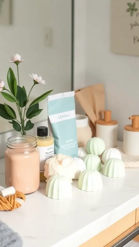 A DIY Spa Day Kit with bath bombs, a candle, and body wash on a countertop.