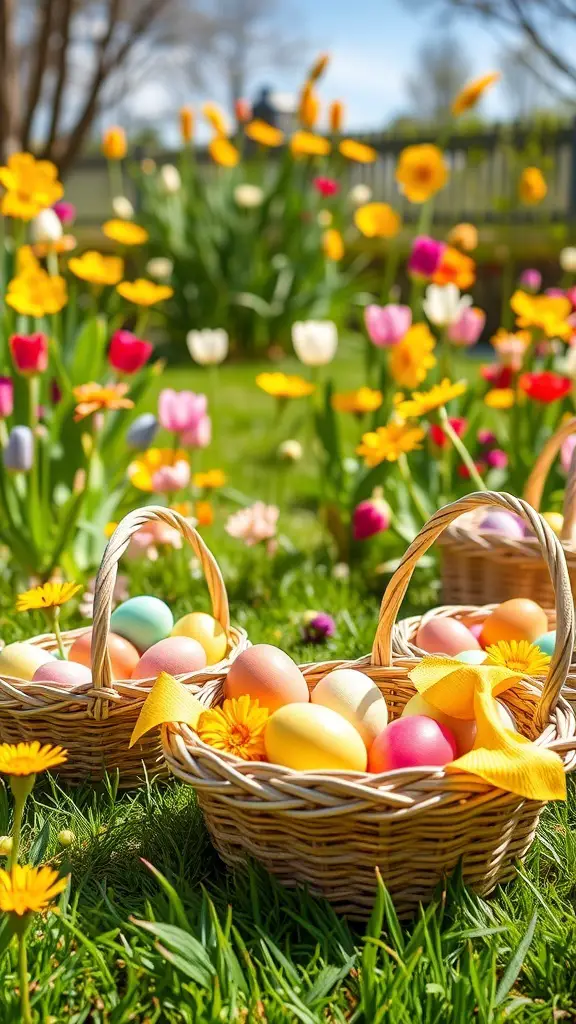 Two woven baskets filled with colorful Easter eggs, surrounded by blooming flowers in a garden.