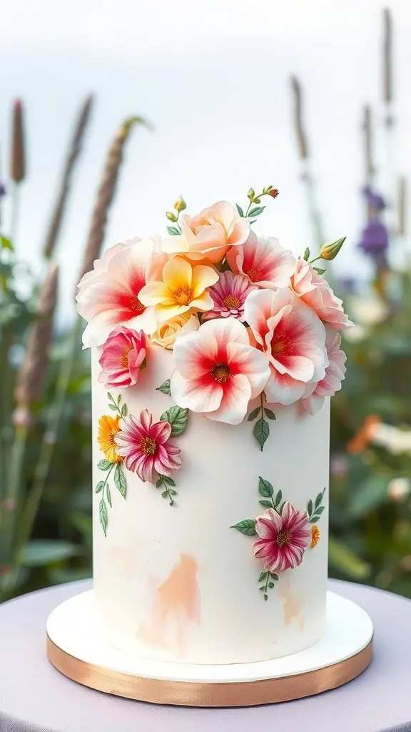 A beautifully decorated watercolor floral cake with pink and yellow flowers, set against a garden backdrop.