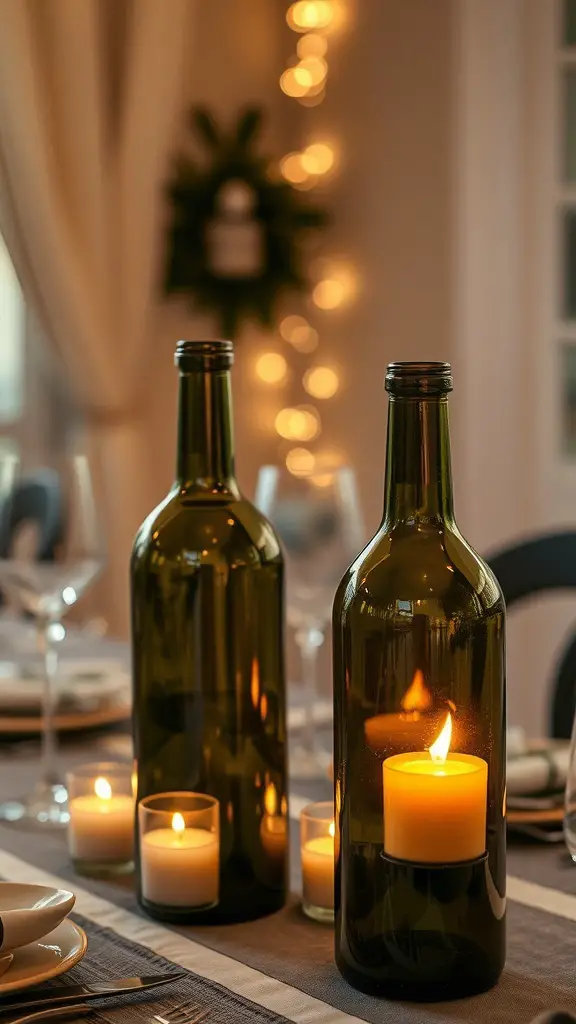 29+ Creative Upcycled Valentine’s Day Decorations to Make This Year 9 Wine bottle candle holders with candles inside, creating a warm and inviting atmosphere.
