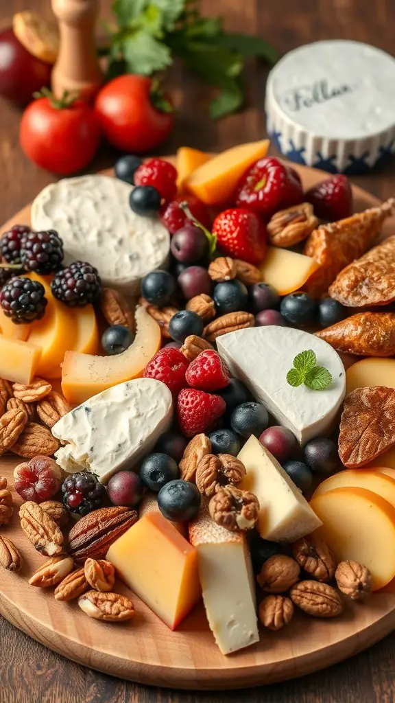 A beautifully arranged fruit and cheese platter featuring various cheeses, fresh fruits, and nuts.