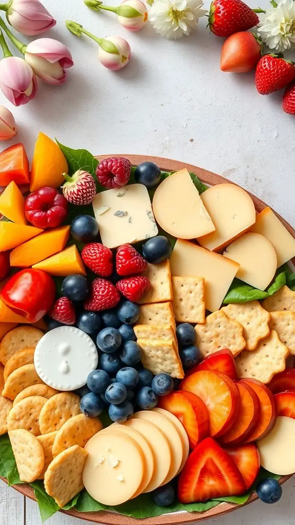 A colorful fruit and cheese board featuring various cheeses, fresh fruits, and crackers, decorated with flowers.