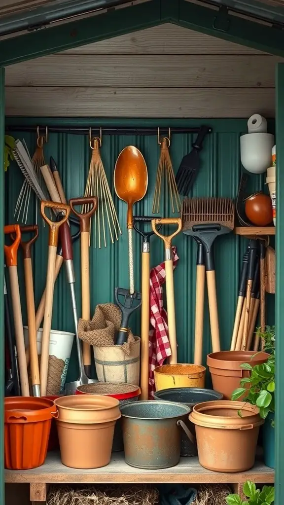 29+ Clever Tool Shed Organization Ideas You Need to Try 9 A neatly organized tool shed with gardening tools hanging on hooks and pots arranged on shelves.