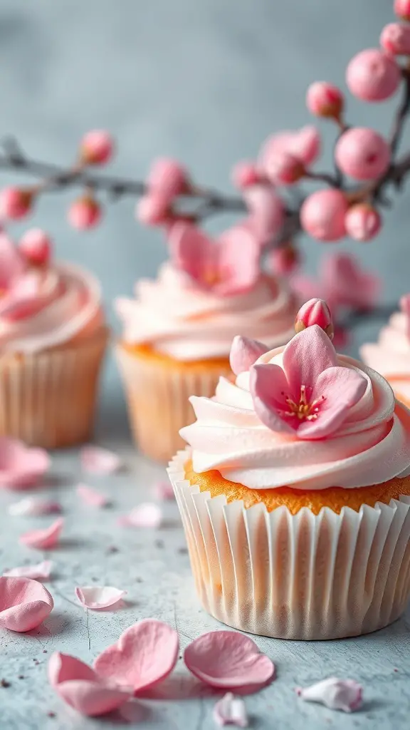 Charming cherry blossom cupcakes with pink frosting and flower decorations