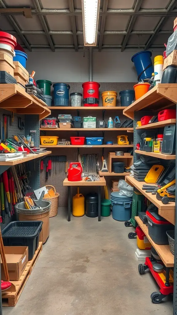 29+ Clever Tool Shed Organization Ideas You Need to Try 5 A well-organized tool shed with shelving units filled with colorful bins and tools.