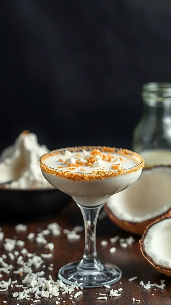 A Coconut Cream Pie Cocktail in a glass with a graham cracker rim, surrounded by coconut and cream ingredients.