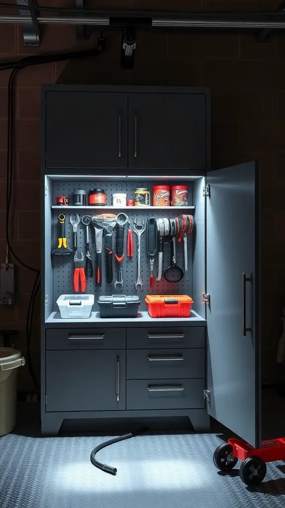 27+ Stylish Garage Cabinet Ideas for an Organized Space 10 A well-lit garage cabinet showcasing tools and supplies