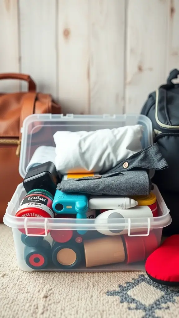 A clear plastic box filled with clothes and various travel items, placed next to a brown leather bag and a dark backpack.