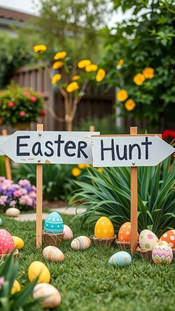 A sign that says 'Easter Hunt' with colorful eggs and flowers in the background.