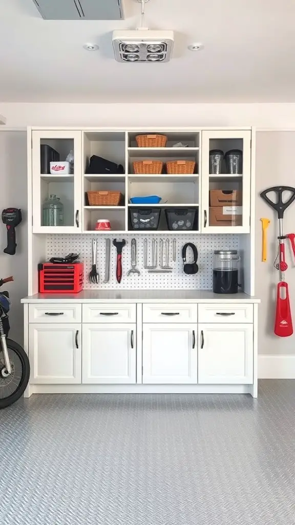 27+ Stylish Garage Cabinet Ideas for an Organized Space 4 A well-organized garage with custom built-in cabinets and tools.