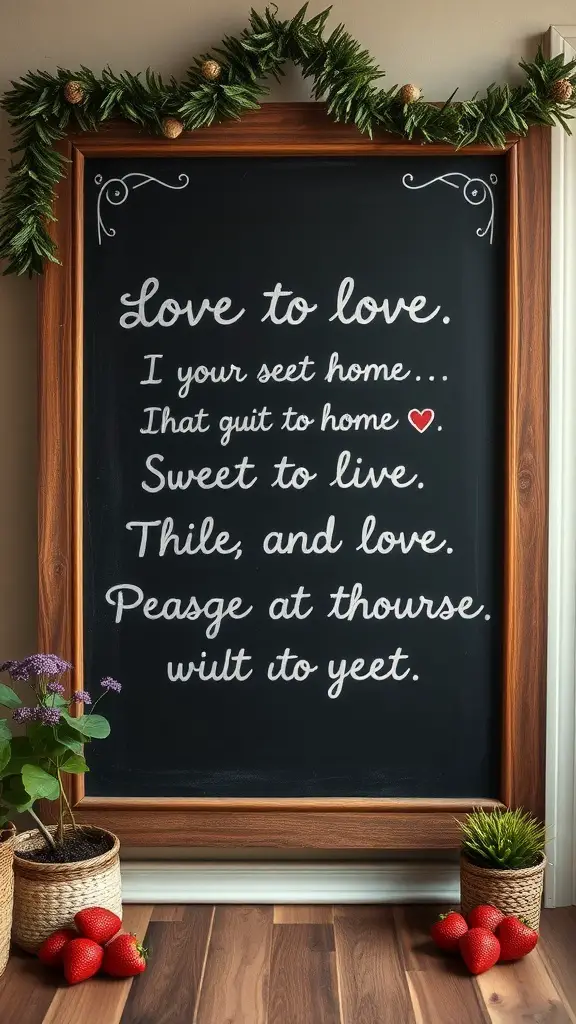 A chalkboard with love messages framed with greenery, surrounded by strawberries and plants.