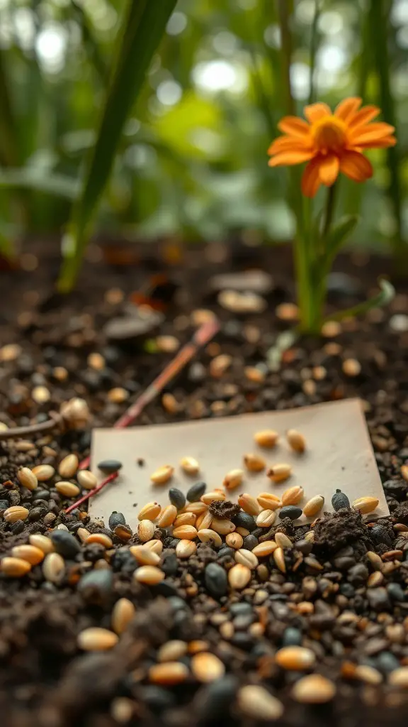 A close-up of flower seeds scattered on soil with an orange flower in the background.