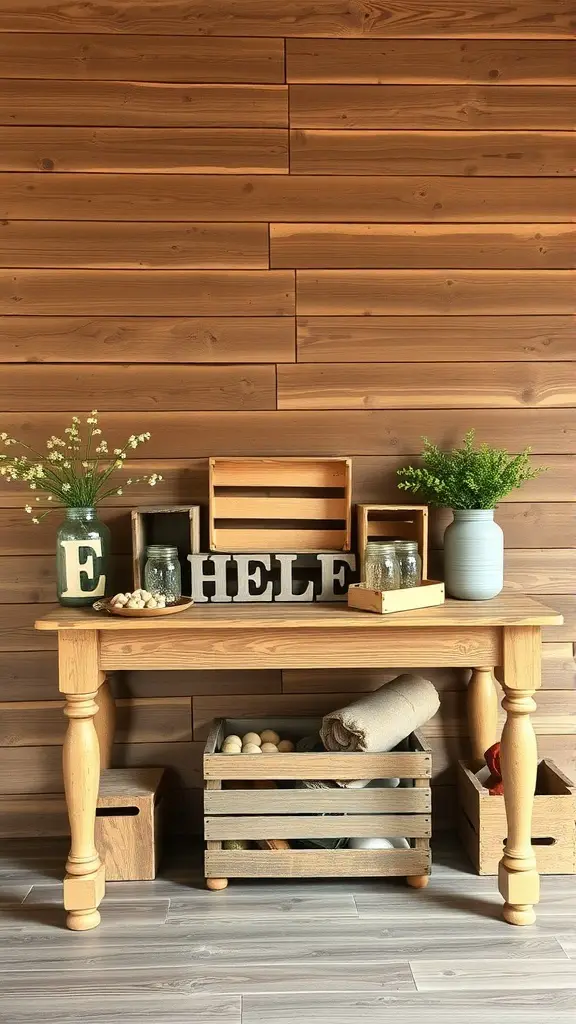 27+ Stunning Console Table Decor Ideas You Need to Try 14 A rustic console table decorated with glass jars, greenery, and wooden letters against a wooden wall.