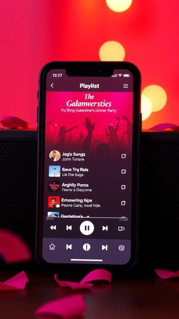 A phone displaying a playlist titled 'The Galanwerstics' for a Galentine's dinner party.