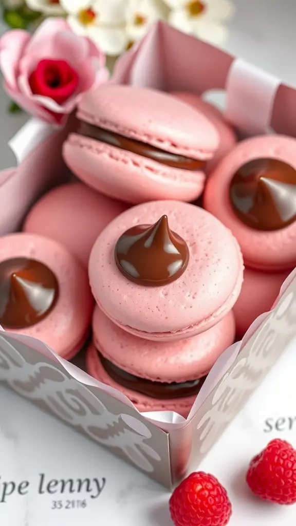 A box of pink raspberry macarons topped with chocolate ganache, surrounded by flowers and raspberries.