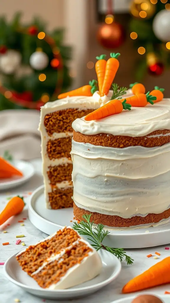 A layered carrot cake with cream cheese frosting and decorative carrots on top, set against a festive background.