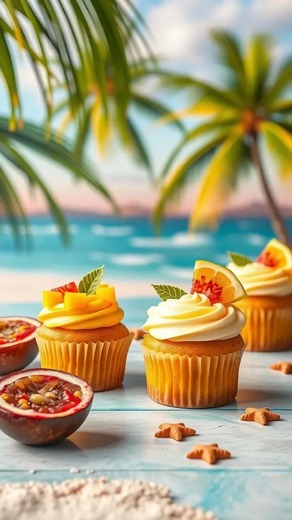 Mango Passionfruit Cupcakes with tropical backdrop