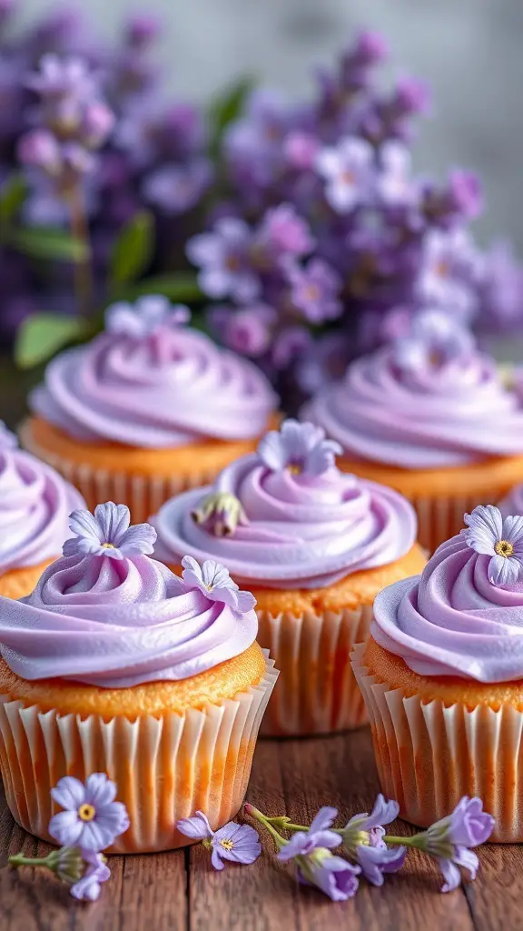 Cupcakes with lavender frosting and edible flowers, surrounded by violets