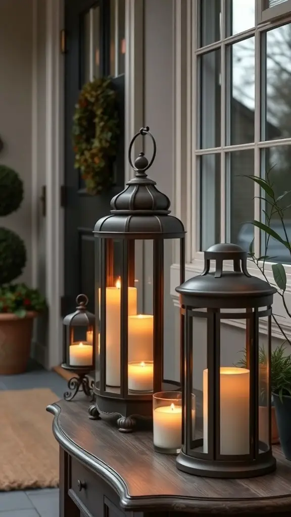 A beautifully arranged entryway table with lanterns and candles, creating a warm and inviting atmosphere.
