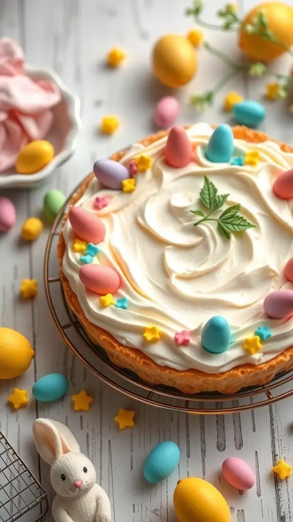 A decorated Lemon Meringue Pie with colorful Easter eggs and a bunny figurine