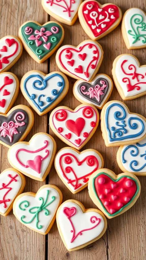 29+ Irresistible Valentine Dessert Ideas You Need to Try 9 Colorful heart-shaped sugar cookies decorated with royal icing on a wooden surface.