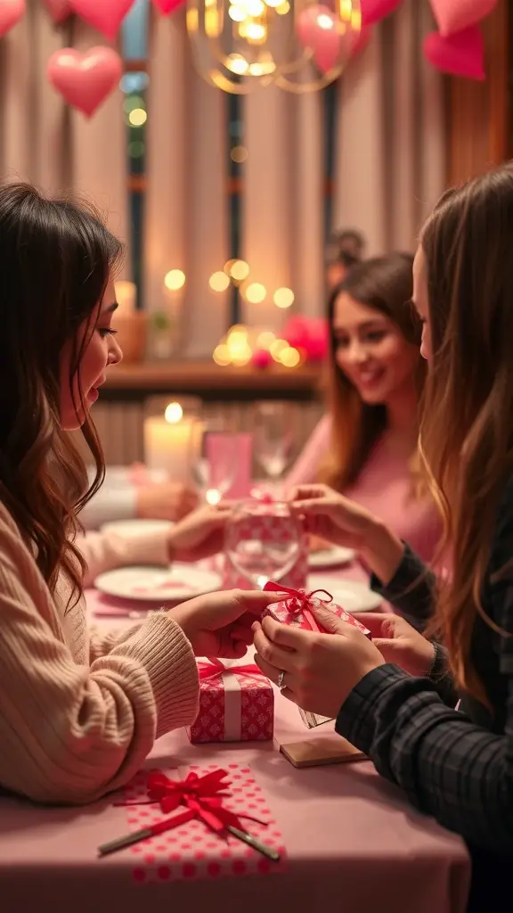 A cozy dinner party scene with friends exchanging gifts, decorated with pink hearts and candles.