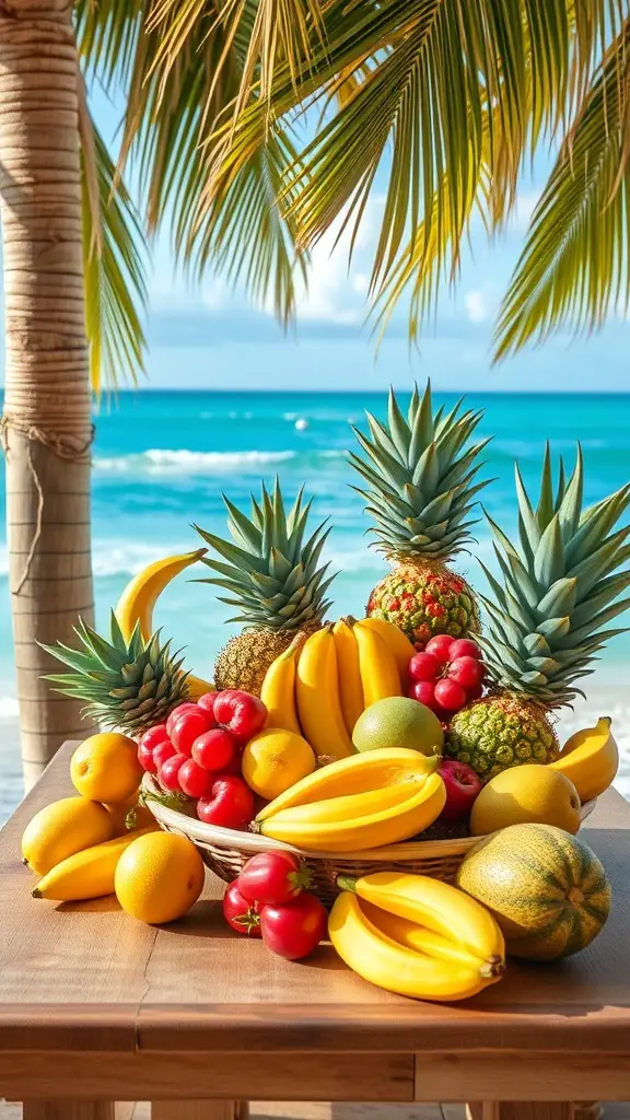 A vibrant display of tropical fruits including bananas, pineapples, and tomatoes on a wooden table with a beach background.