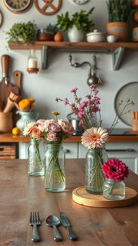A kitchen table decorated with jars of flowers, showcasing a variety of blooms in a cozy setting.