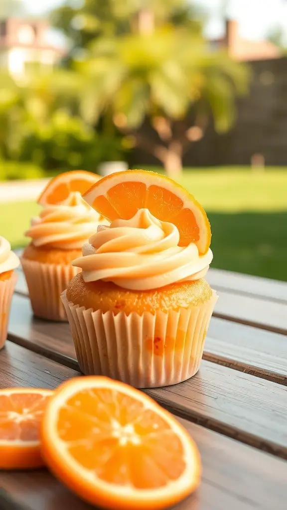 Orange Creamsicle Cupcakes with orange slices on top