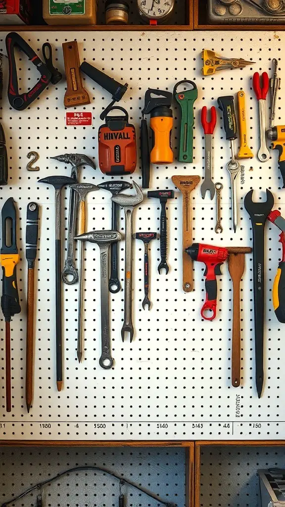 29+ Clever Tool Shed Organization Ideas You Need to Try 6 A pegboard filled with various tools organized for easy access.