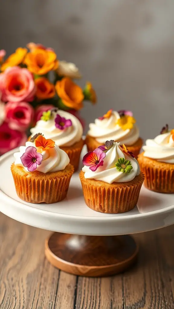 Mini carrot cakes topped with cream cheese frosting and edible flowers