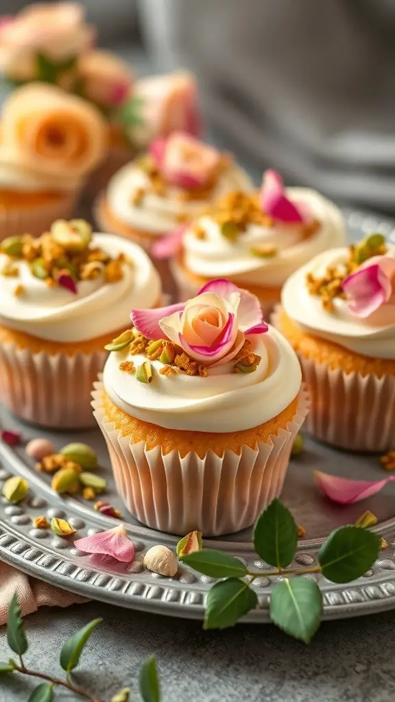 Pistachio rose cupcakes decorated with rose petals and pistachios