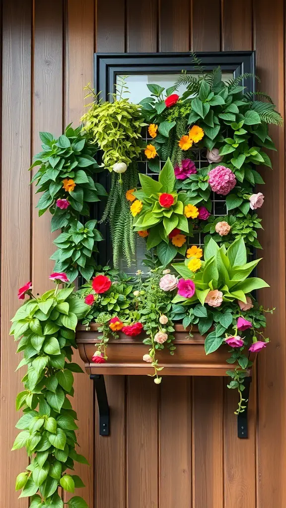 A vibrant vertical garden with various flowers and greenery on a wooden wall.