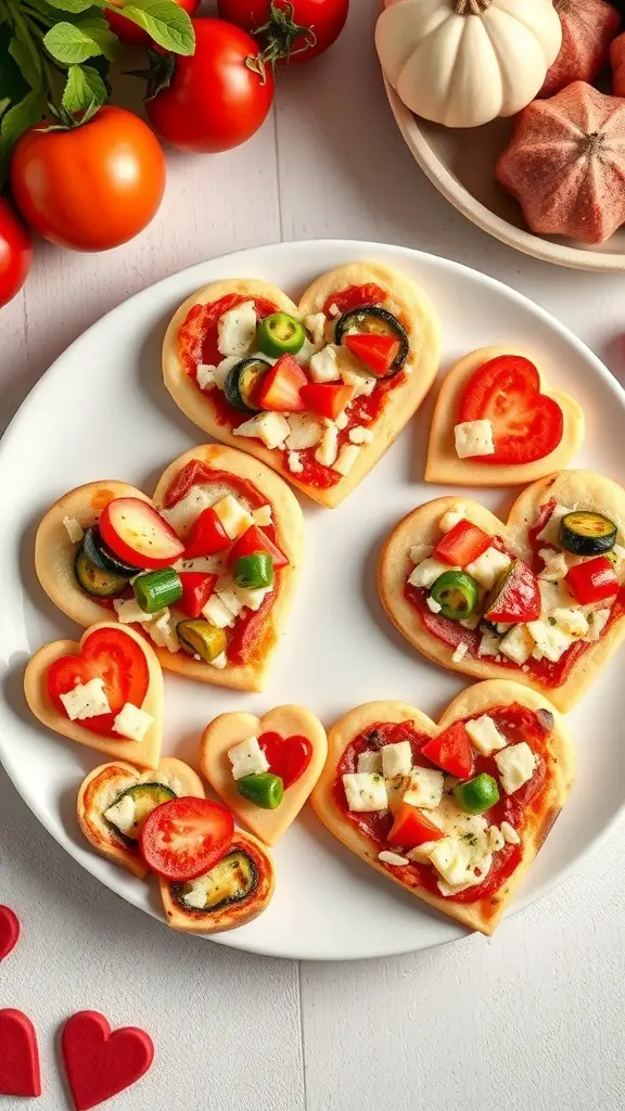 A plate of heart-shaped mini pizzas topped with vegetables and cheese, surrounded by fresh tomatoes and herbs.