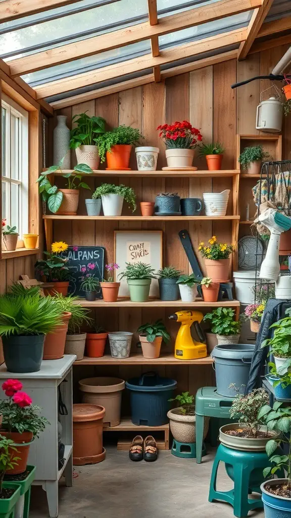 A well-organized potting shed with shelves of plants, pots, and gardening tools.