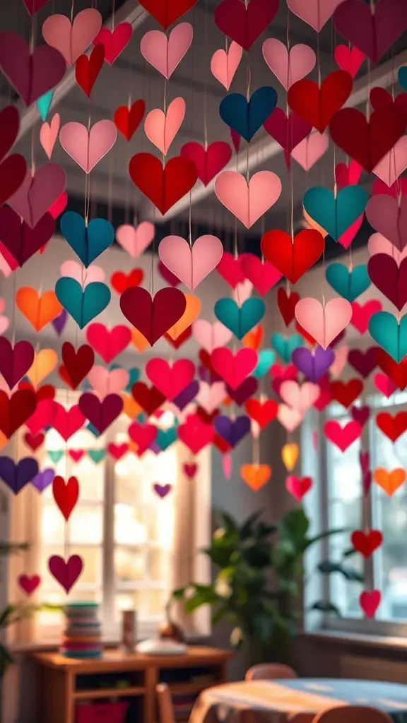 Colorful heart-shaped paper garlands hanging from the ceiling
