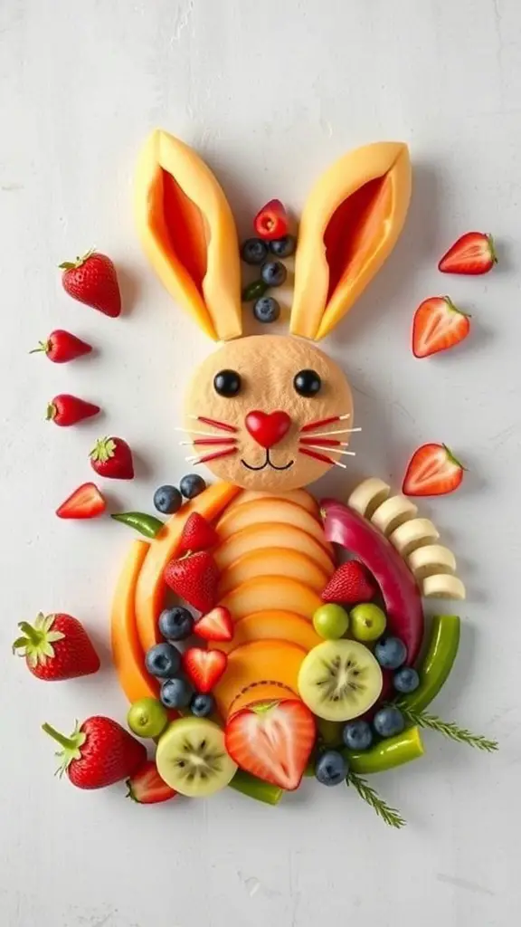 A colorful fruit platter shaped like an Easter bunny, featuring cantaloupe, strawberries, blueberries, and kiwi.