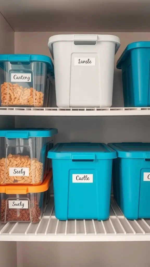 A shelf with neatly organized plastic storage boxes, each labeled with different names.