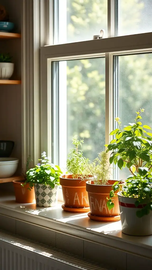 A sunny windowsill with various herb pots, labeled for easy identification.