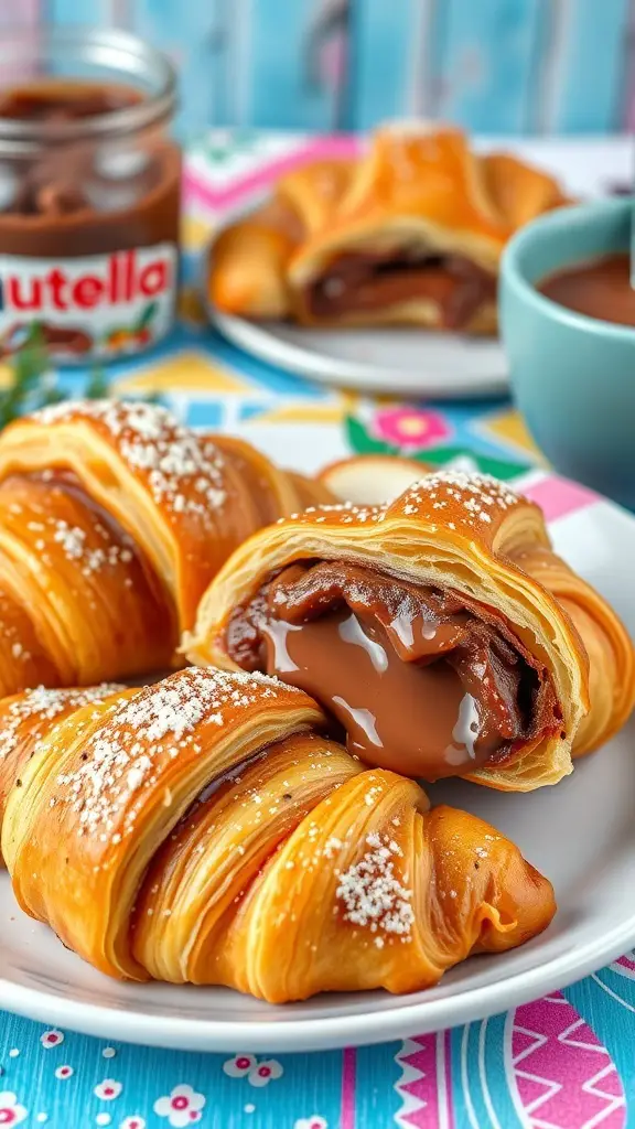 Nutella stuffed croissants on a plate with powdered sugar
