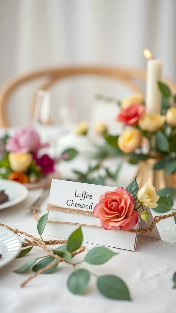 A beautifully arranged place card with a rose and twine on a spring tablescape.
