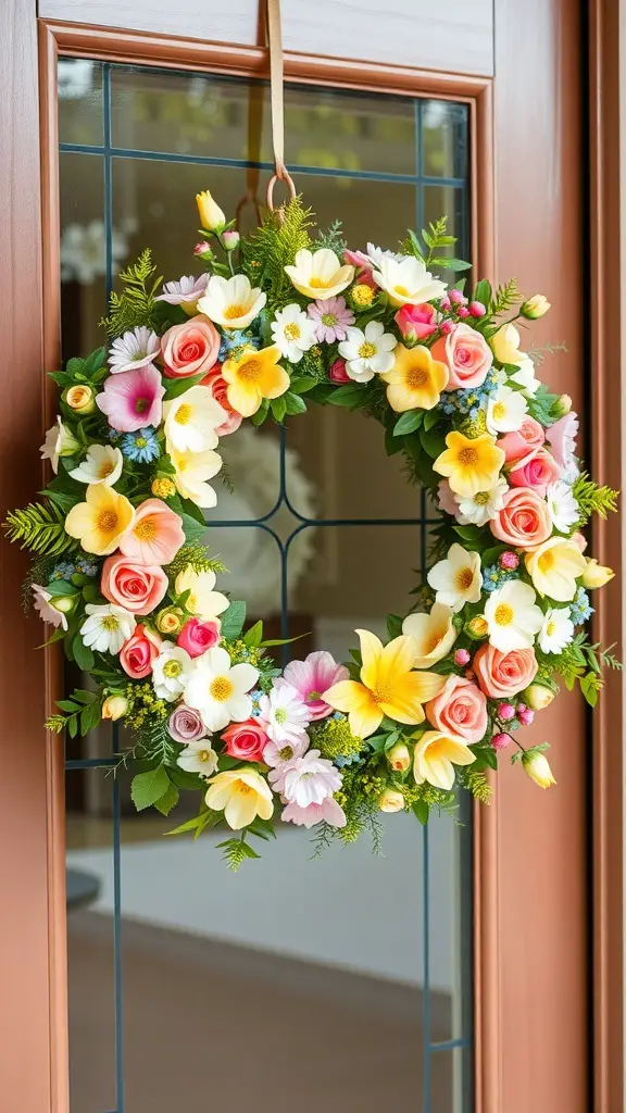 A colorful floral wreath with roses, lilies, and daisies hanging on a door.
