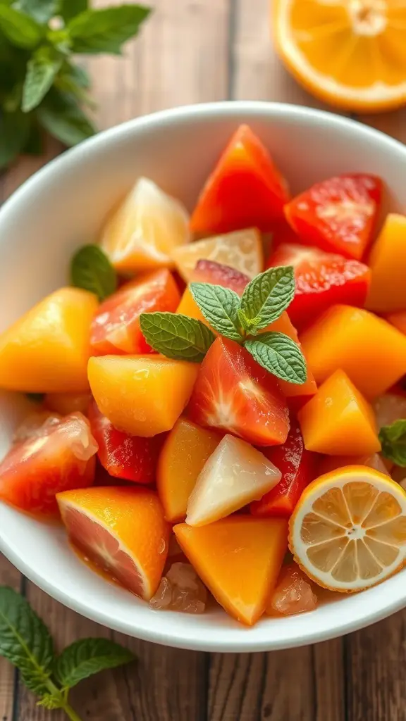 A bowl of colorful citrus fruit salad with mint leaves on top.